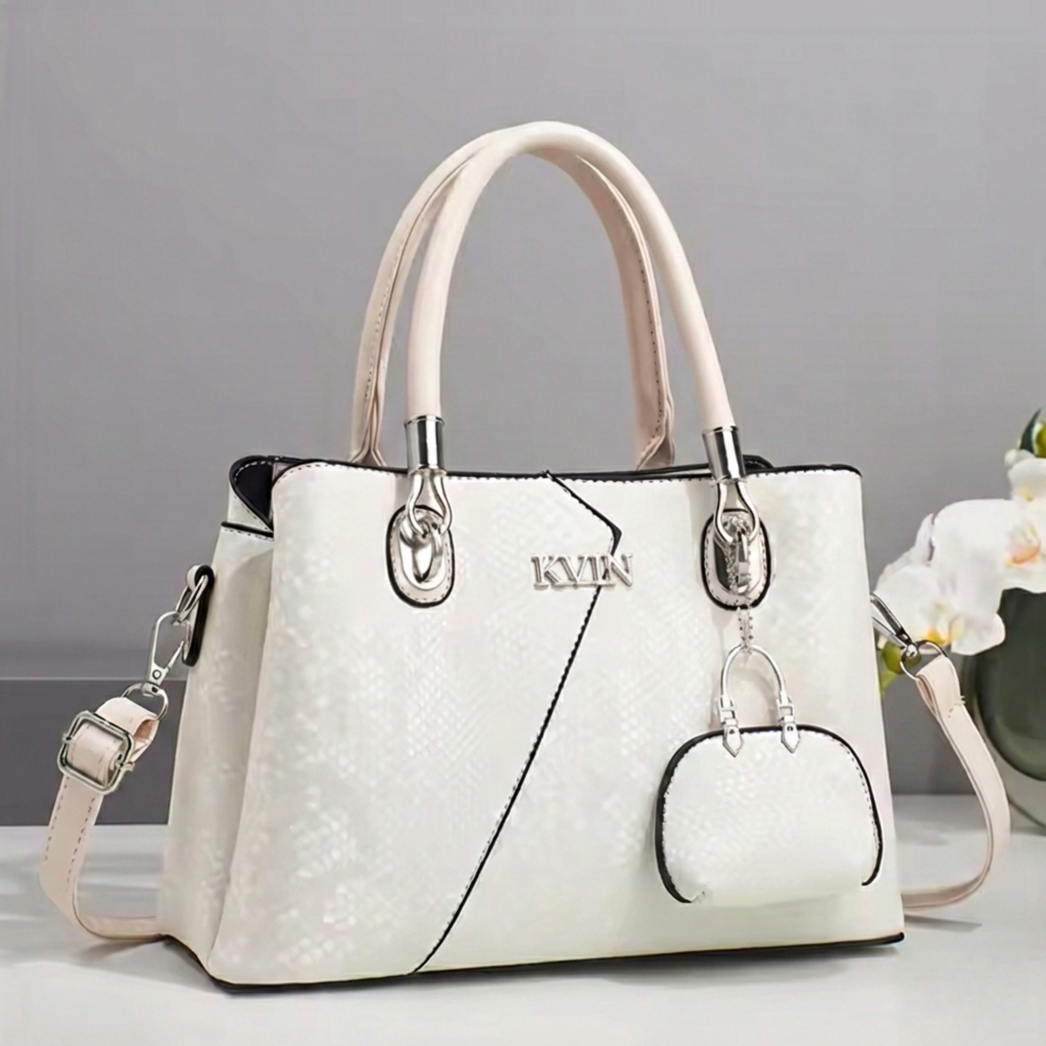 Aria Pristine White Snakeskin Embossed Tote