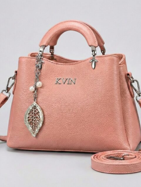 EIRA Rosy Pink Pebbled Leather-Style Tote with Silver Leaf & Pearl Charm