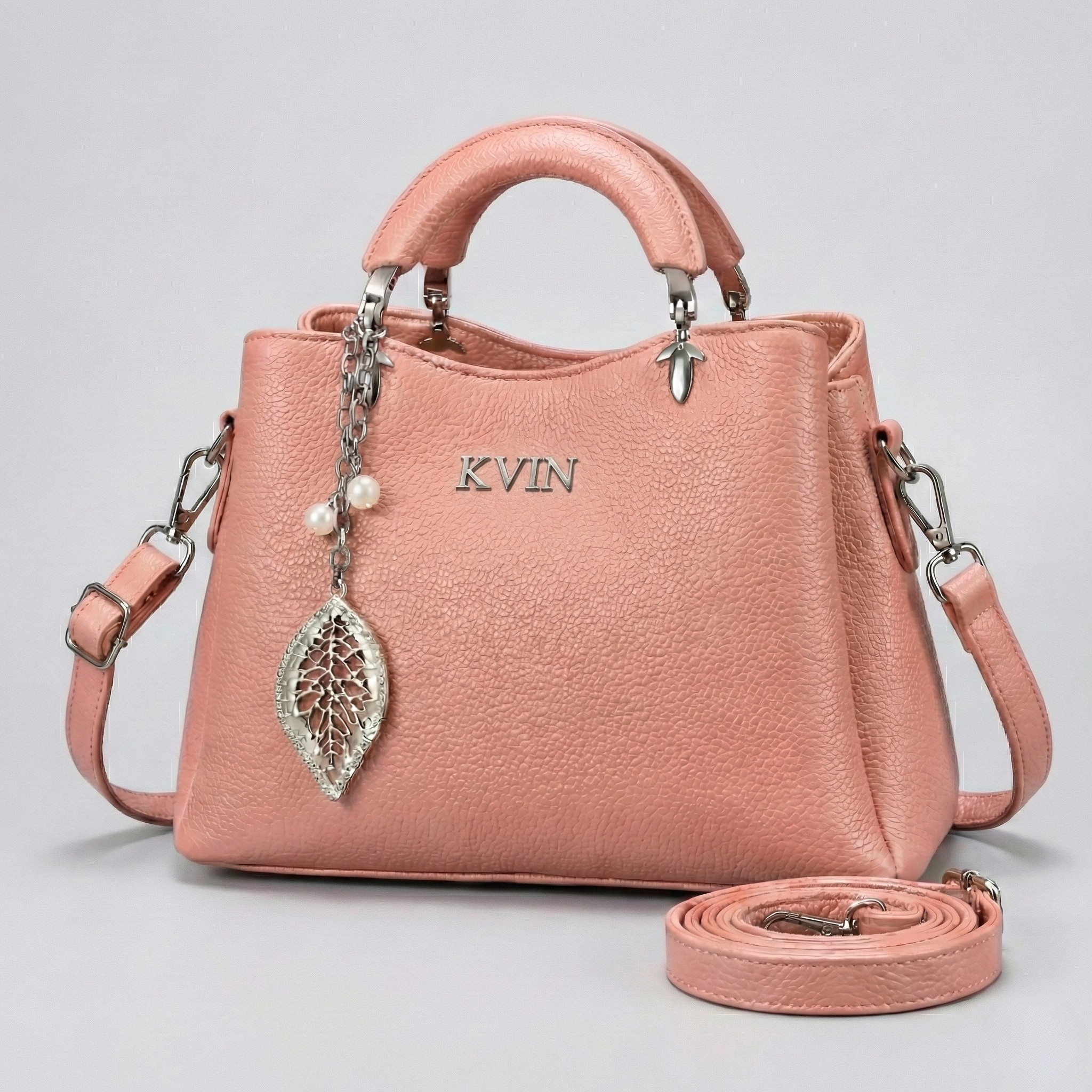 EIRA Rosy Pink Pebbled Leather-Style Tote with Silver Leaf & Pearl Charm