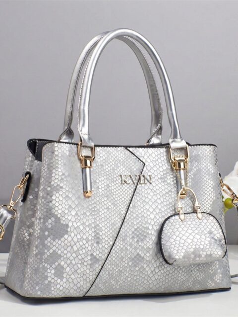 ARIA Silver Snakeskin Embossed Tote Bag