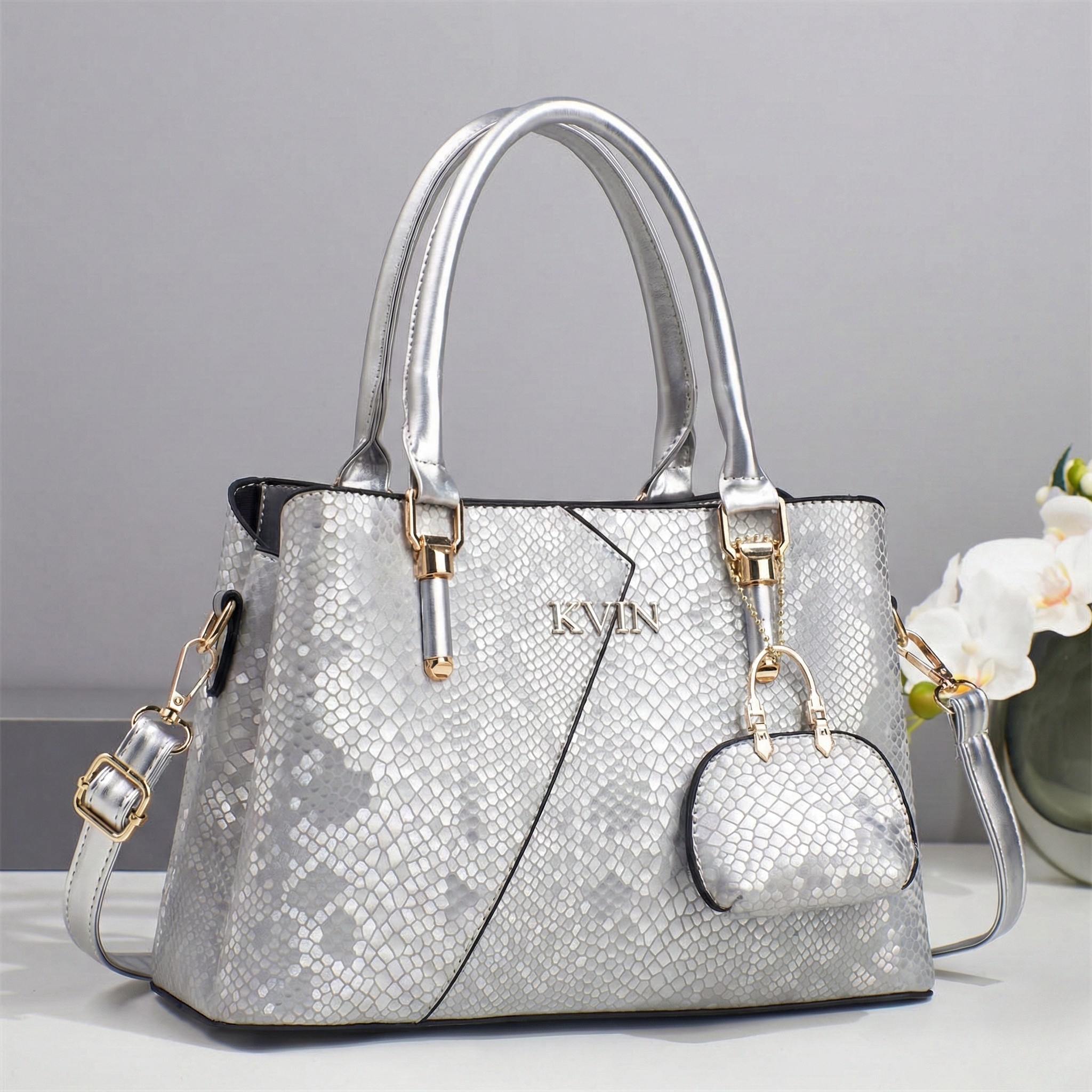 ARIA Silver Snakeskin Embossed Tote Bag